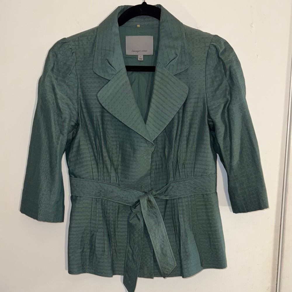 EUC Classiques Entier Green Blazer with Notched Lapel and Tie Waist